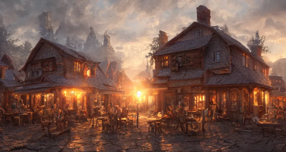 Image similar to tavern, hyperdetailed, artstation, cgsociety, golden hour 8 k