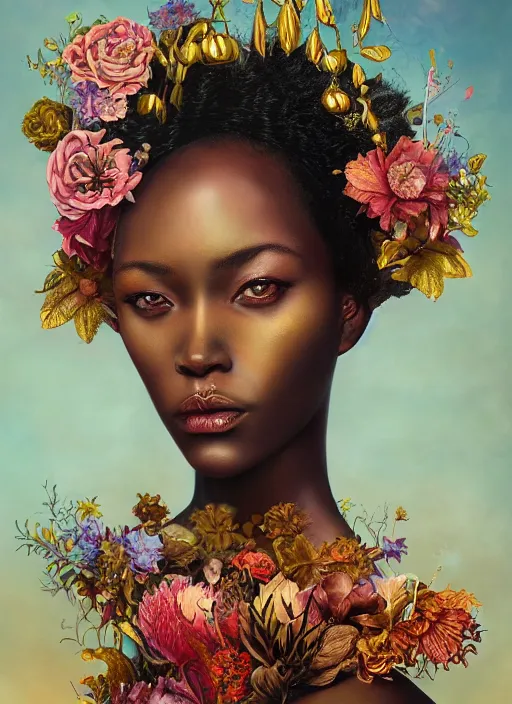 Image similar to portrait of the african queen of the underworld, surrounded by flowers by karol bak, james jean, tom bagshaw, rococo, sharp focus, trending on artstation, cinematic lighting, hyper realism, octane render, 8 k, hyper detailed.