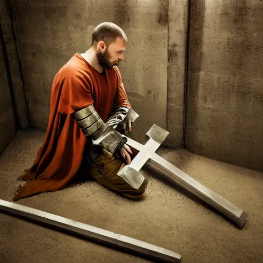 Image similar to A pale young man stands kneeling inside a prison cell. Clad in shining armor he kneels and prays to a God others would have long abandoned. Sunshine lightly grazes his cheeks as he prays, his broken spear used as a cross to focus on. The knight's expression is sad, pensive, but resolute, decisive and stubborn.