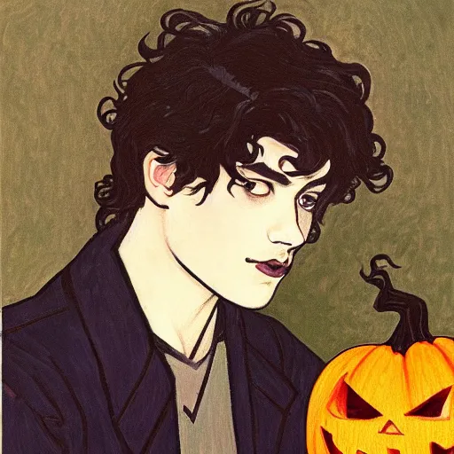 Image similar to painting of young cute handsome beautiful dark medium wavy hair man in his 2 0 s named shadow taehyung at the halloween pumpkin jack o'lantern party, depressed, melancholy, autumn, japan, elegant, clear, painting, stylized, delicate, soft facial features, delicate facial features, soft art, art by alphonse mucha, vincent van gogh, egon schiele