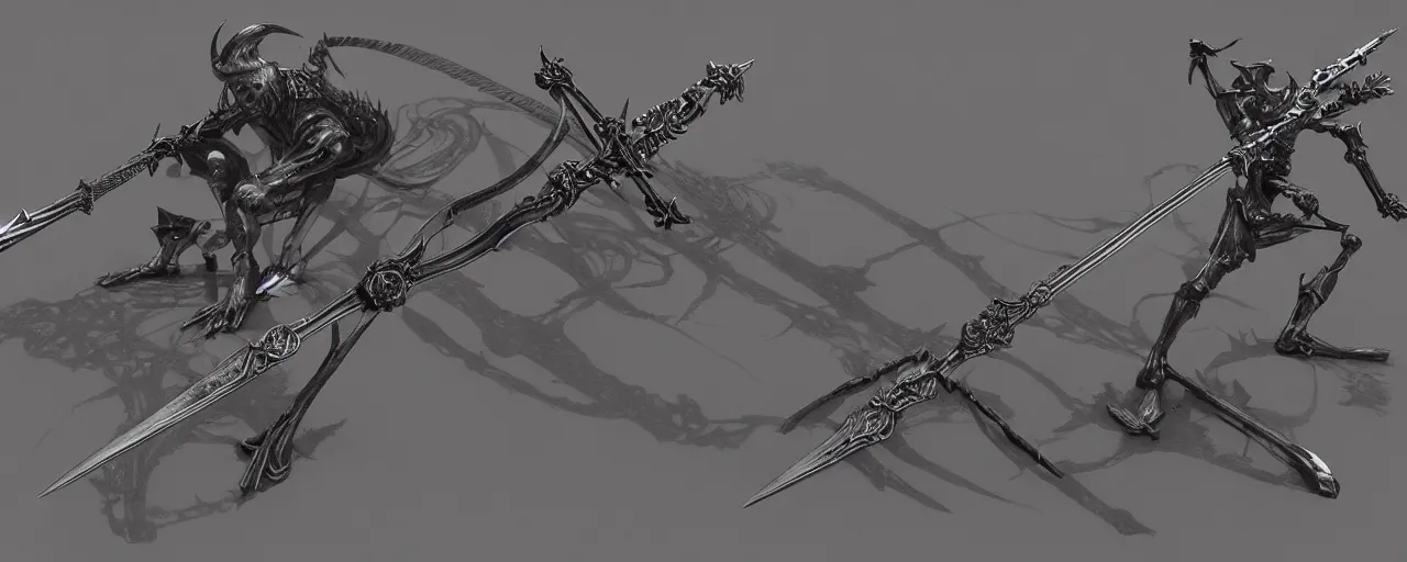 Image similar to long sword, black skeleton sword, steel, sword, crystals, engravings, forged, blacksmith product design, jewelry, art by gerald brom, greg rutkowski and artgerm and james jean and zdzisław beksinski, 8 k, unreal engine, c 4 d