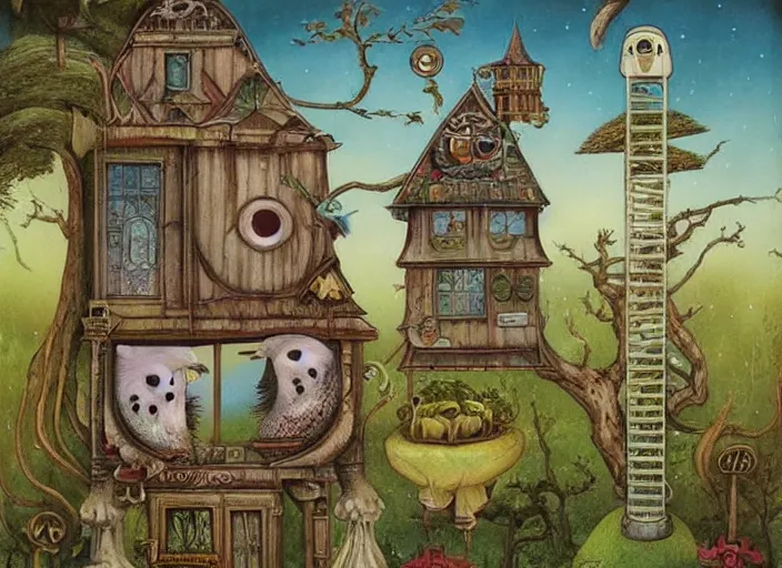 Prompt: a house with a tower, owl, birds, cheese, lowbrow in the style of mark ryden and john bauer,