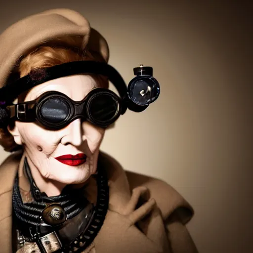 Prompt: dslr photo portrait still of marlene dietrich wearing steampunk goggles, 8 5 mm, f 1. 8, photorealistic, 4 k, octane render,