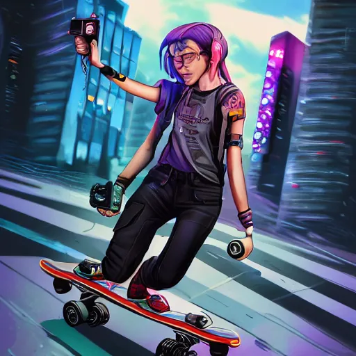 Image similar to symmetrical, full body portrait of a cyberpunk teenage girl on a futuristic skateboard holding a parcel under one arm and a magnetic harpoon in her opposite hand, grinning slyly, City lighting, depth of field, photography, saturated colors, highly detailed, by Stanley Artgerm Lau, WLOP, Rossdraws, James Jean, Andrei Riabovitchev, Marc Simonetti, and Sakimichan, 4k resolution