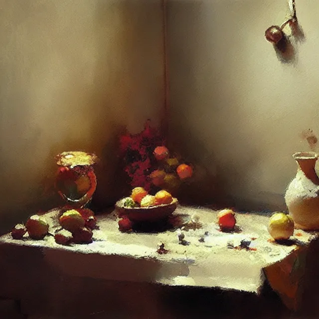 Prompt: an abtract still life painting by Craig Mullins