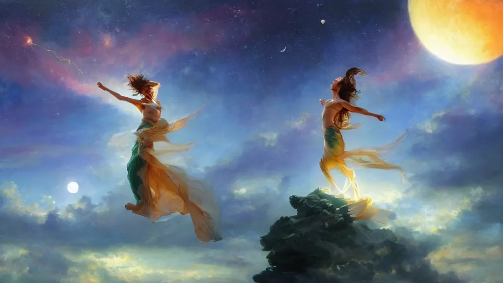 Prompt: a powerful jade witch floats on a horizon divided by her, the background is torn between the sun and the moon, in the background you can see the milky way. by Daniel F. Gerhartz, hyperrealistic oil painting, 4k, studio lightning, baroque