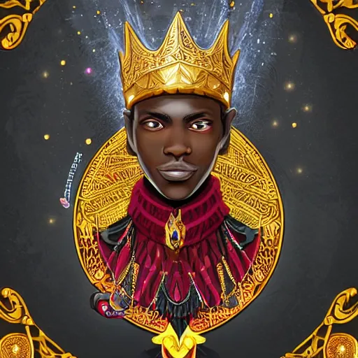 Image similar to a young black boy dressed like an african moorish warrior in gold armor and a crown with a ruby, and a very ornate glowing scimtar, for honor character digital illustration portrait design, by android jones in a psychedelic fantasy style, dramatic lighting, hero pose, wide angle dynamic portrait