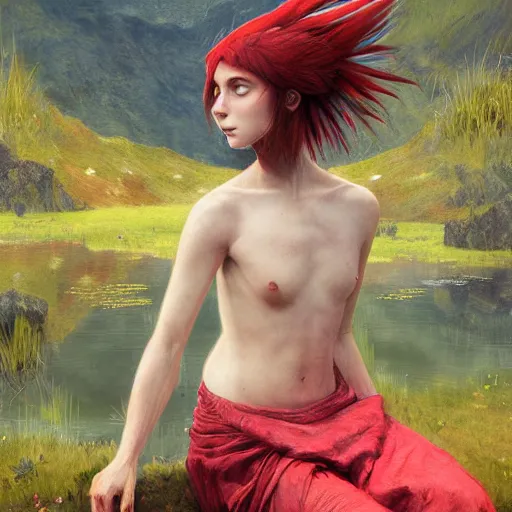 Prompt: prompt Young Harpy-Girl, red feathered wings, wearing Inka clothes, sad expression, sitting at a pond, mountainous area, trees in the background, oil painting, by Fernanda Suarez and and Edgar Maxence and greg rutkowski