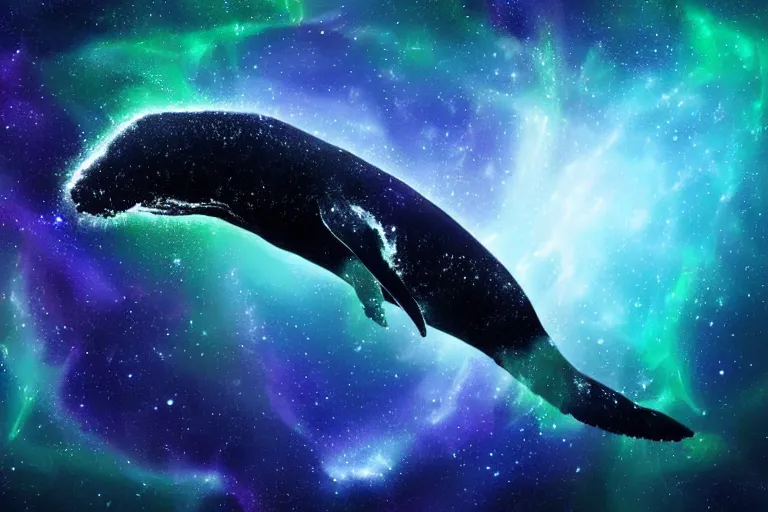 Image similar to a bioluminescent humpback whale swimming through a space nebula leaving stardust trails, digital art, photorealistic