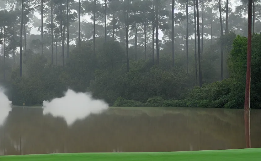 Prompt: augusta national, the masters, nr. 1 2, completely flooded with brown water, beautiful ambient light, fog,