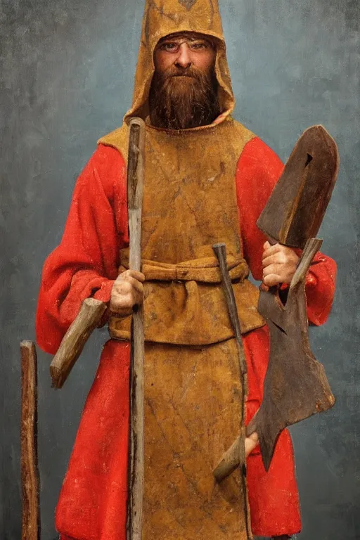 Prompt: Slavic dog head man, woolen torso in medieval clothes, holding an ax, Orthodox Saint Christopher, oil painting, hyperrealism, beautiful, high resolution, trending on artstation,