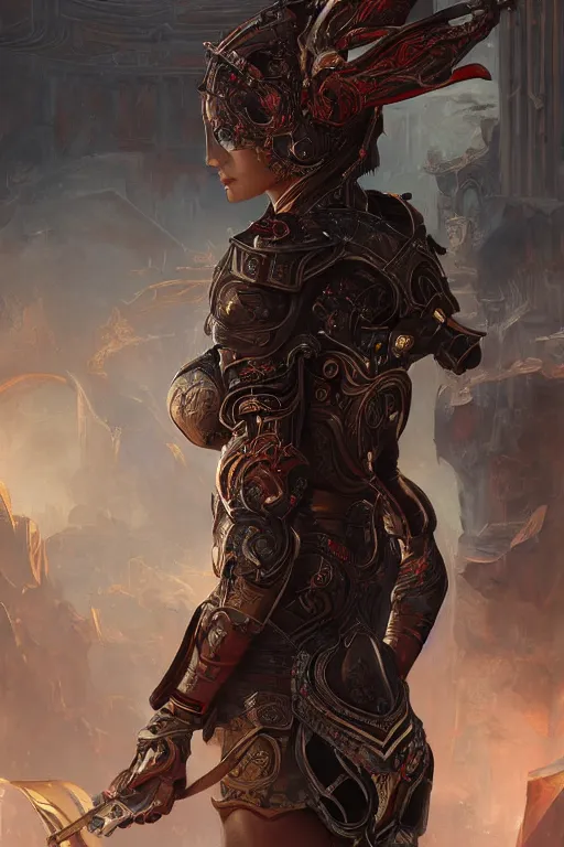 Image similar to portrait knights of Zodiac girl, metallic black and reddish reflected armor, in ruined Agora of Athens, ssci-fi, fantasy, intricate, very very beautiful, elegant, highly detailed, digital painting, artstation, concept art, smooth, sharp focus, illustration, art by tian zi and WLOP and alphonse mucha