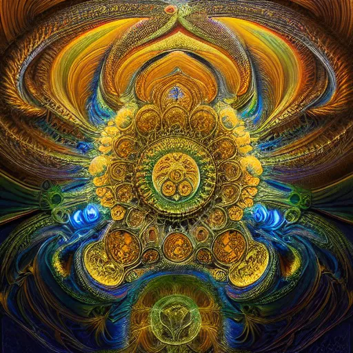 Image similar to a beautiful 3 d painting of a sprawling intricate fractal populated by mandelbrot fractals by android jones and alex grey and mandelbrot, volumetric lighting, dynamic lighting, dramatic lighting, high contrast, concept art, carved marble, sacred geometry, religious, magic realism, catholicpunk, stark, trending on artstation