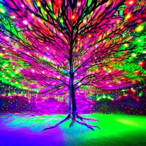 Image similar to hyper - realistic psychedelic tree with neons and lasers