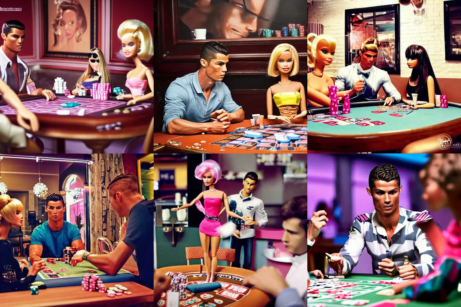 Prompt: Cristiano Ronaldo and a barbie doll play poker in a cafe, cinematic, rule of thirds, excellent composition, complex, detailed, clear