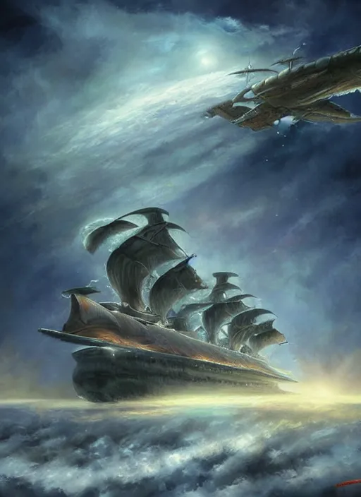 Prompt: ! dream necro airship pirate ships 1 7 0 0's soaring in a cosmic spender painted by raymond swanland