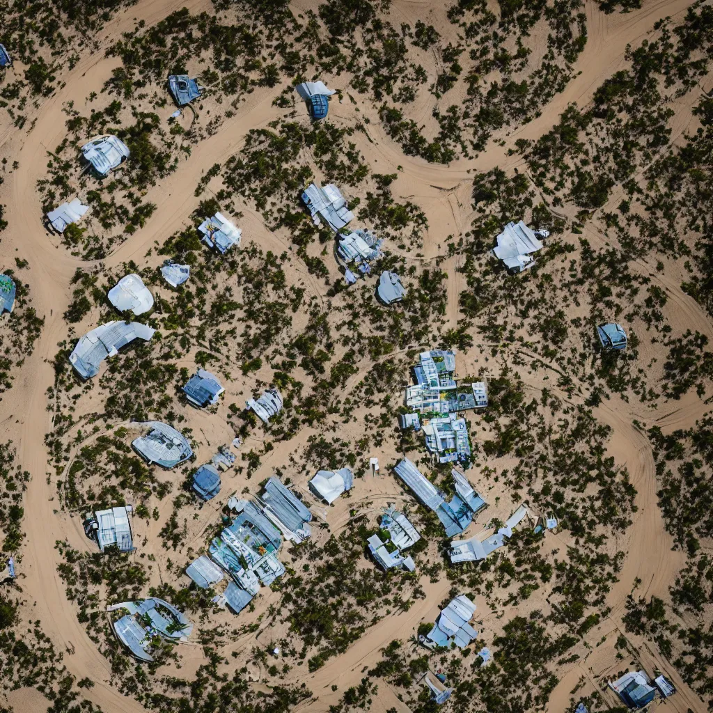 Prompt: aerial view of futuristic commune in the australian outback, parks, recreation, village, high technology, biomimetic, urban planning, XF IQ4, 150MP, 50mm, F1.4, ISO 200, 1/160s, natural light