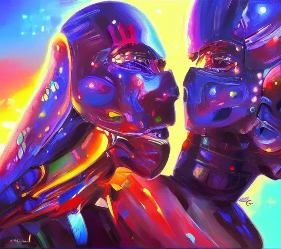Image similar to two Artificial Intelligence fighting for creating the most impressive art painting, colorful, oil painting, digital art, trending on artstation