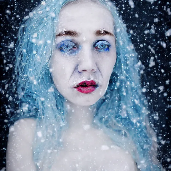 Image similar to a sickly looking woman dying of hypothermia, with very white skin and pale blue hair wearing a long white dress made out of snowflakes in the middle of a heavy snowstorm. blue lips. full body digital portrait by maromi sagi