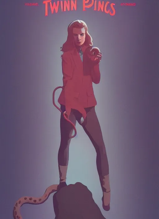 Prompt: Twin Peaks poster artwork by Tomer Hanuka, Rendering a woman holding a snake, by Michael Whelan, Makoto Shinkai and thomas kinkade, Matte painting, trending on artstation and unreal engine