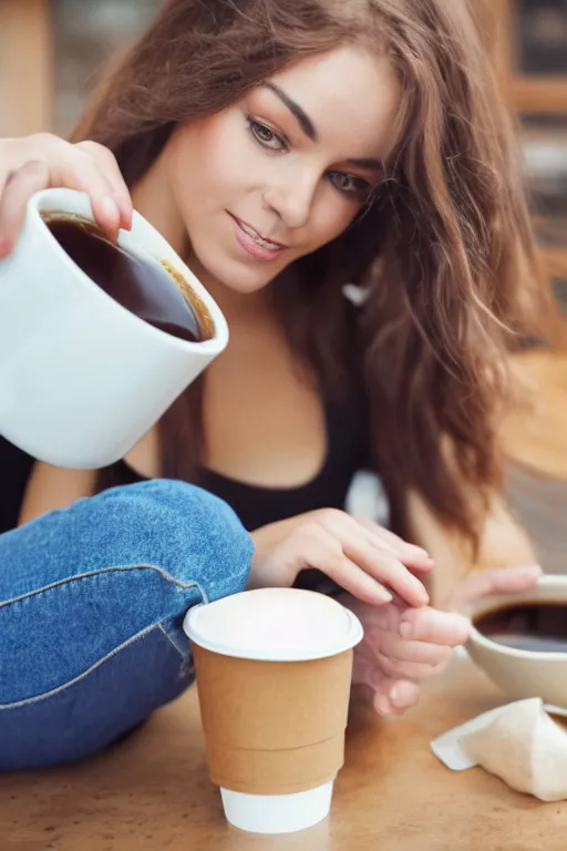 Prompt: a young woman diving into a cup of coffee