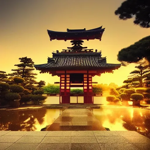 Image similar to photo of sunraise at a Japanese temple, beautiful, golden ratio, instagram, high detail, mist, light rays