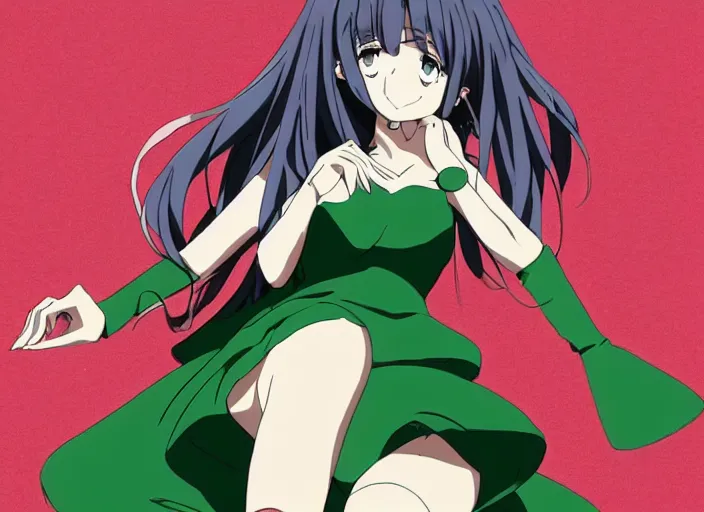 Prompt: in the style of Madhouse anime, female is beautiful green dress, elegant pose, fire circling her