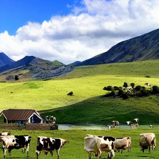 Image similar to beautiful landscape by Hugh Ferris, small houses, unexploited area, blue sky, sunny day, animals all around, cows and sheeps, big mountains in the back, huge lake, singing birds