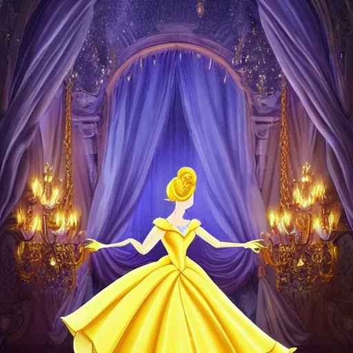 Image similar to cinderella dressed in the world's most beautiful yellow ballgown stands gracefully in the middle of a magical ballroom of a fairytale castle, spotlight on her. highly detailed fantasy art, ultra realistic, digital art, dreamy atmosphere and soft illumination