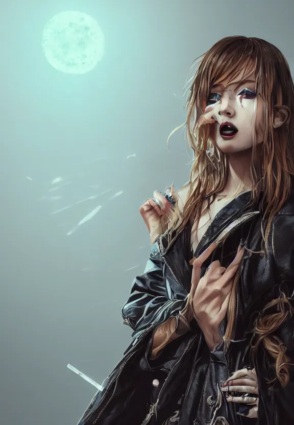 Image similar to full body illustration of girl with eyes that burn like cigarettes wearing a short skirt and a long jacket with fingernails that shine like justice, dramatic lighting, photorealistic, full body portrait, detailed anatomy, extreme detail, 4 k, colorful, artgerm and ben lo, octane render, detailed face, f / 2. 8