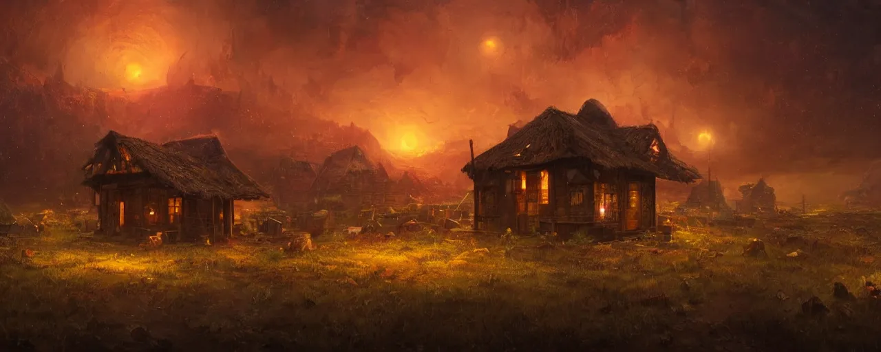 Image similar to ” otherwordly landscape with a single wooden shack at night, [ cinematic, detailed, epic, widescreen, opening, establishing, mattepainting, photorealistic, realistic textures, octane render, art by wlop and paul lehr ] ”