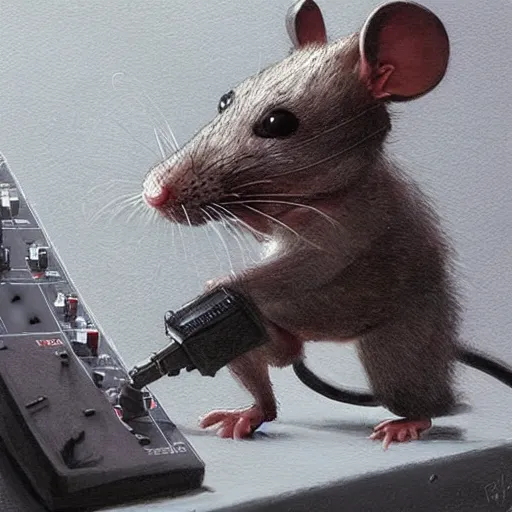 Prompt: a rat cyborg playing with a tb-303 synthesizer, by ruan jia