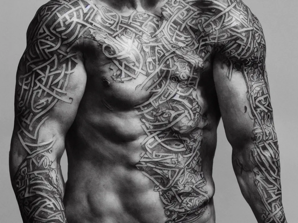 Image similar to front portrait of a muscular torso covered in runic tattoos front view, art by Ruan Jia , Moebious, Craig Mullin, and Nick Knight