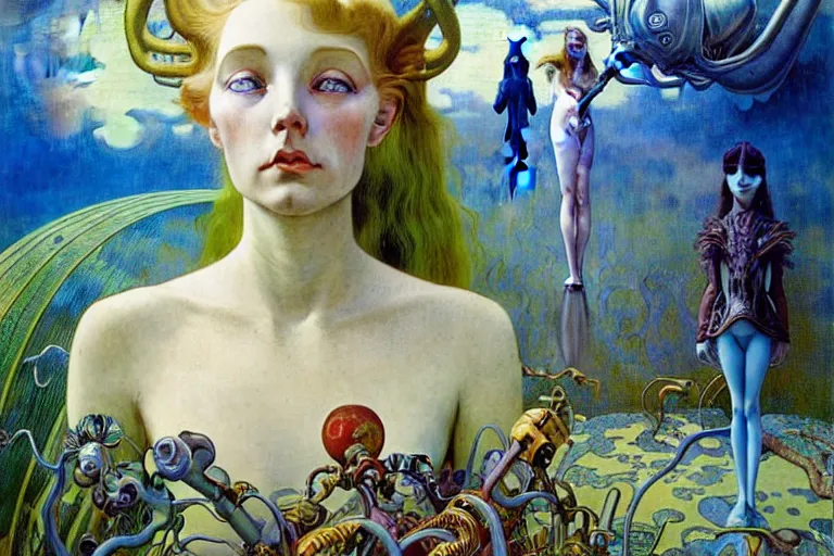 Image similar to realistic extremely detailed portrait painting of an alice in wonderland, futuristic sci-fi landscape on background by Jean Delville, Amano, Yves Tanguy, Ilya Repin, Alphonse Mucha, Ernst Haeckel, Edward Robert Hughes, Roger Dean, rich moody colours, blue eyes