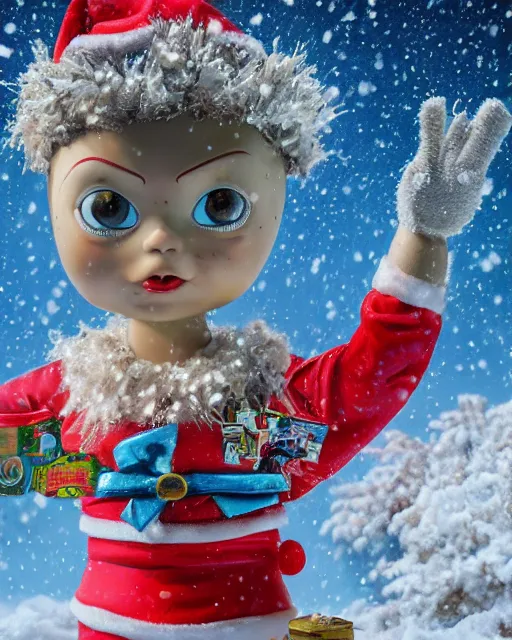 Image similar to highly detailed closeup, portrait of a tin toy santa greta thunberg wearing a bikini, depth of field, fashion photoshoot by nicoletta ceccoli, mark ryden, lostfish, dan decarlo, bob clampett, max fleischer, breathtaking, detailed and intricate snowenvironment, 8 k resolution, hyperrealistic, octane render
