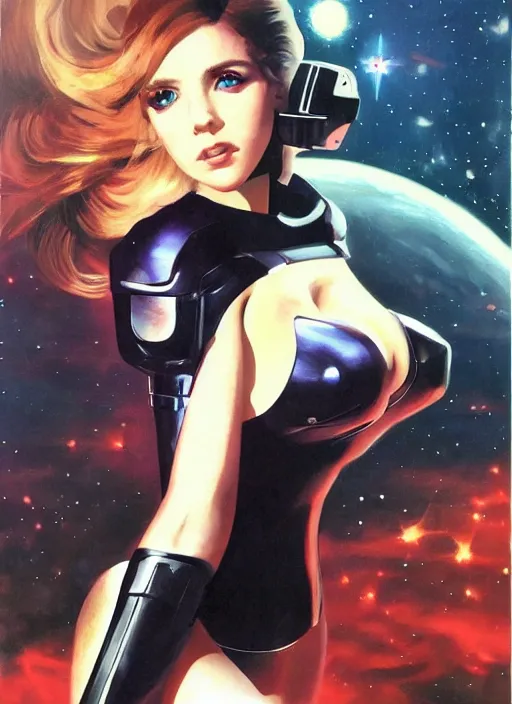 Prompt: Amouranth by Vincent Di Fate, rule of thirds, seductive look, beautiful, in intergalactic multiversal hq