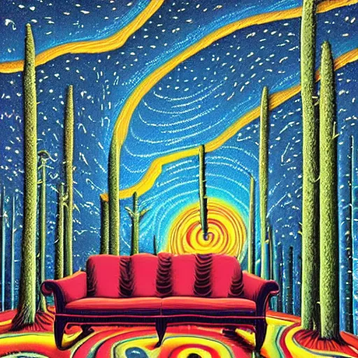 Prompt: psychedelic trippy hurricane pine forest, planets, milky way, sofa, cartoon by rob gonsalves