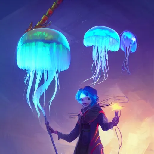 Image similar to magical jellyfish on a wizards staff, glowing luminescent jellyfish spear, concept art, artstation, moods by beeple, wlop, and greg rutkowksi