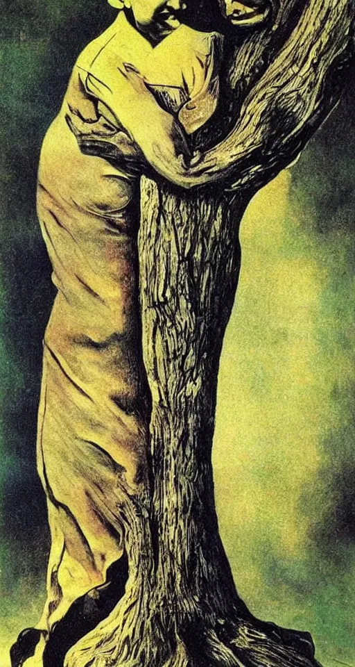 Image similar to Marie Curie hugging a tree by Salvador Dalí