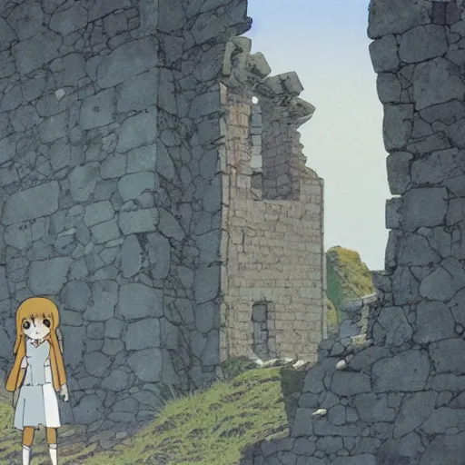 Prompt: ghost of a young girl, a ruined castle, cel shaded, studio ghibli, hayao miyazaki