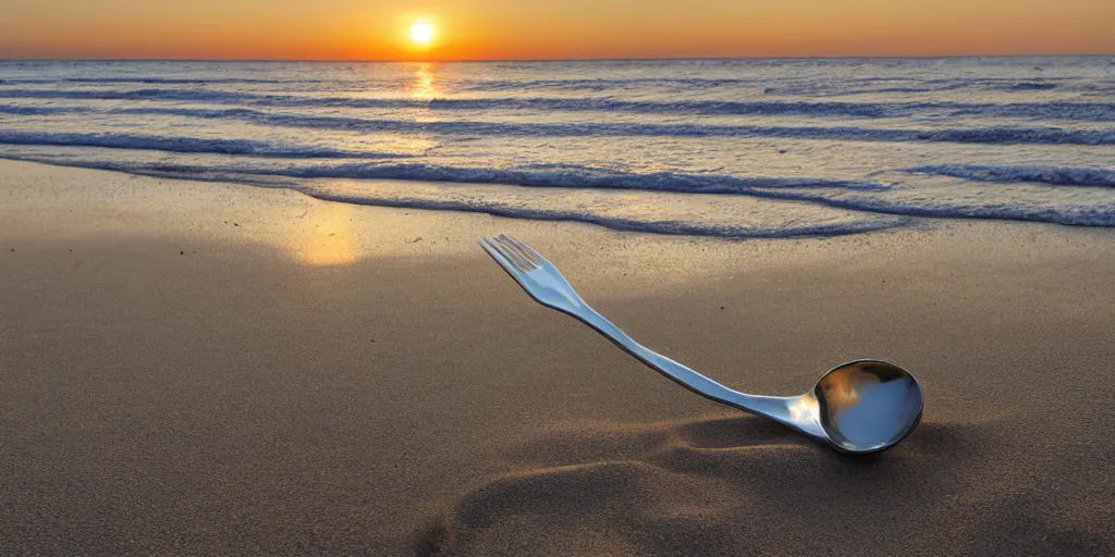 Image similar to A silver spoon on a golden sand beach at sunset