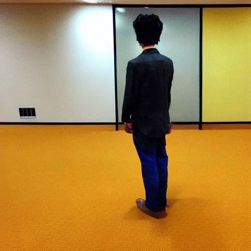 Image similar to low quality photo of real life version of son goku in the backrooms, mono - yellow old moist carpet randomly connected infinite empty office space yellow colors warm light scary