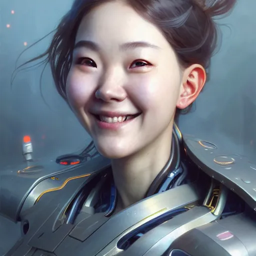 Image similar to portrait painting of a cute cyborg kim ji - woo smiling cheerfully, ultra realistic, concept art, intricate details, eerie, highly detailed, photorealistic, octane render, 8 k, unreal engine. art by artgerm and greg rutkowski and magali villeneuve and alphonse mucha