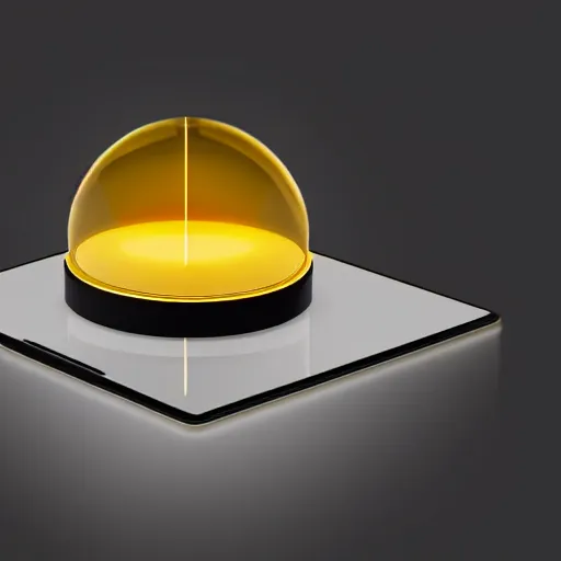 Prompt: clear glass dome on a golden base with a black smart tablet floating inside. the screen of the tablet is letting out a yellow light. volumetric lighting, accurate reflections, black background