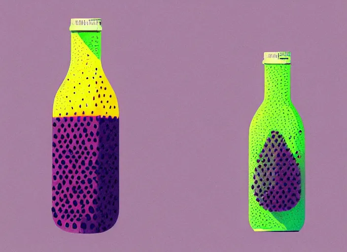 Image similar to ( ( dither ) ), editorial illustration strawberries blueberries sliced kiwi sliced lemon inside a clear drinking bottle, isometric, modern art deco, mads berg, karolis strautniekas, stippled light, fog, fine texture, dynamic composition, matte print, ( ( unreal engine ) )