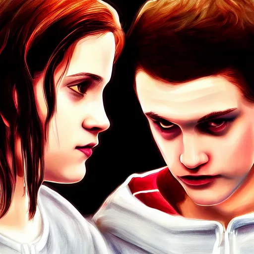 Image similar to Twilight version of Stranger Things, Portrait of Edward and Bella, photorealistic, dramatic lighting, soft, sharp focus, highly detailed, digital painting