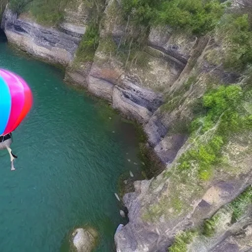 Image similar to a hairy dog with a large open balloon parachute jumping from a cliff. captured by a drone. wide camera. epic