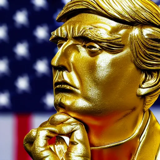 Image similar to donald trump golden statue starting to melt, drips of molten metal ground angle, uhd 8 k, sharp focus