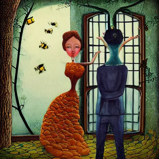 Prompt: a portrait of a woman standing infront of a window, she is happy and has lovely hair and eyes, a man is standing behind her with a look of suprise in his face, 🪴🌳🐝, 8 k, lowbrow, in the style of daniel merriam and alexander jansson,