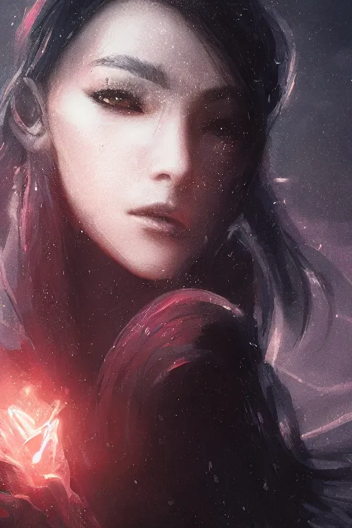 Prompt: a fancy close up portrait of a beautiful dark mage using magic by Greg Rutkowski, Sung Choi, Mitchell Mohrhauser, Maciej Kuciara, Johnson Ting, Maxim Verehin, Peter Konig, final fantasy , mythical, 8k photorealistic, cinematic lighting, HD, high details, atmospheric,